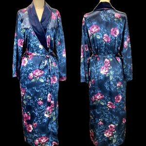 VINTAGE midnight rose garden long silky wrap‎ robe velvet collar silky lingerie